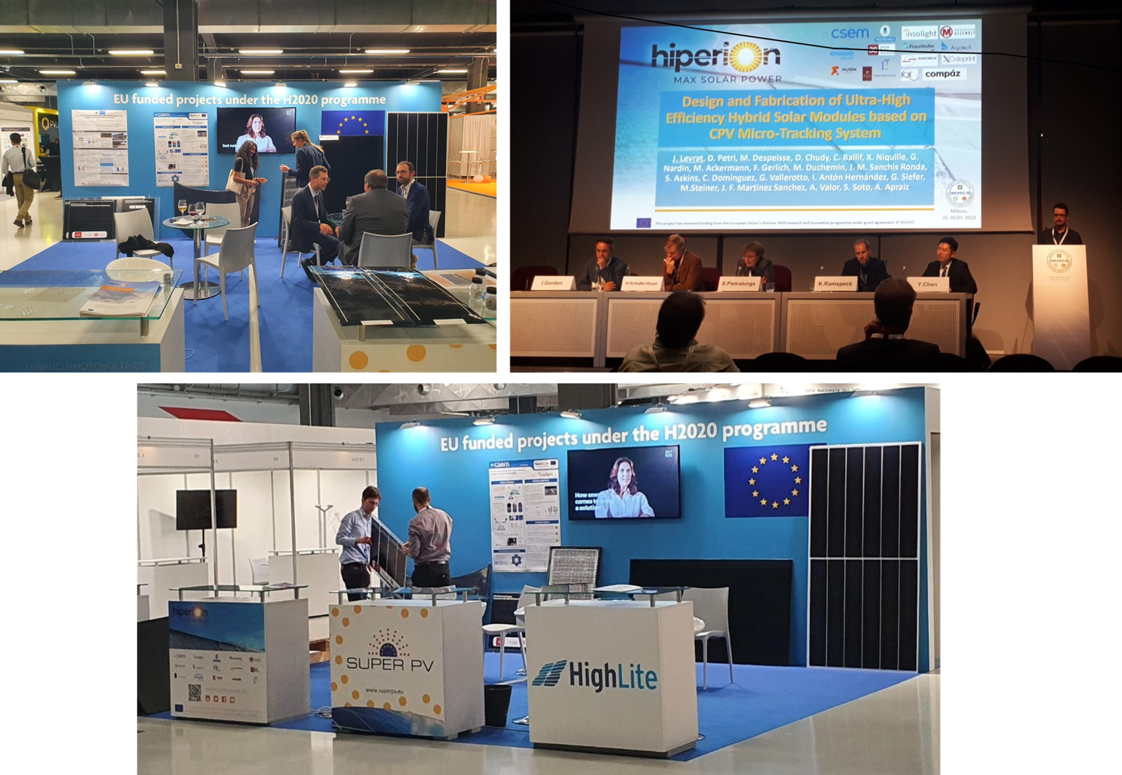top left and bottom: HIPERION booth at the WCPEC-8 exhibition. Top right: Jacques Levrat (CSEM) presenting HIPERION at the WCPEC-8 conference